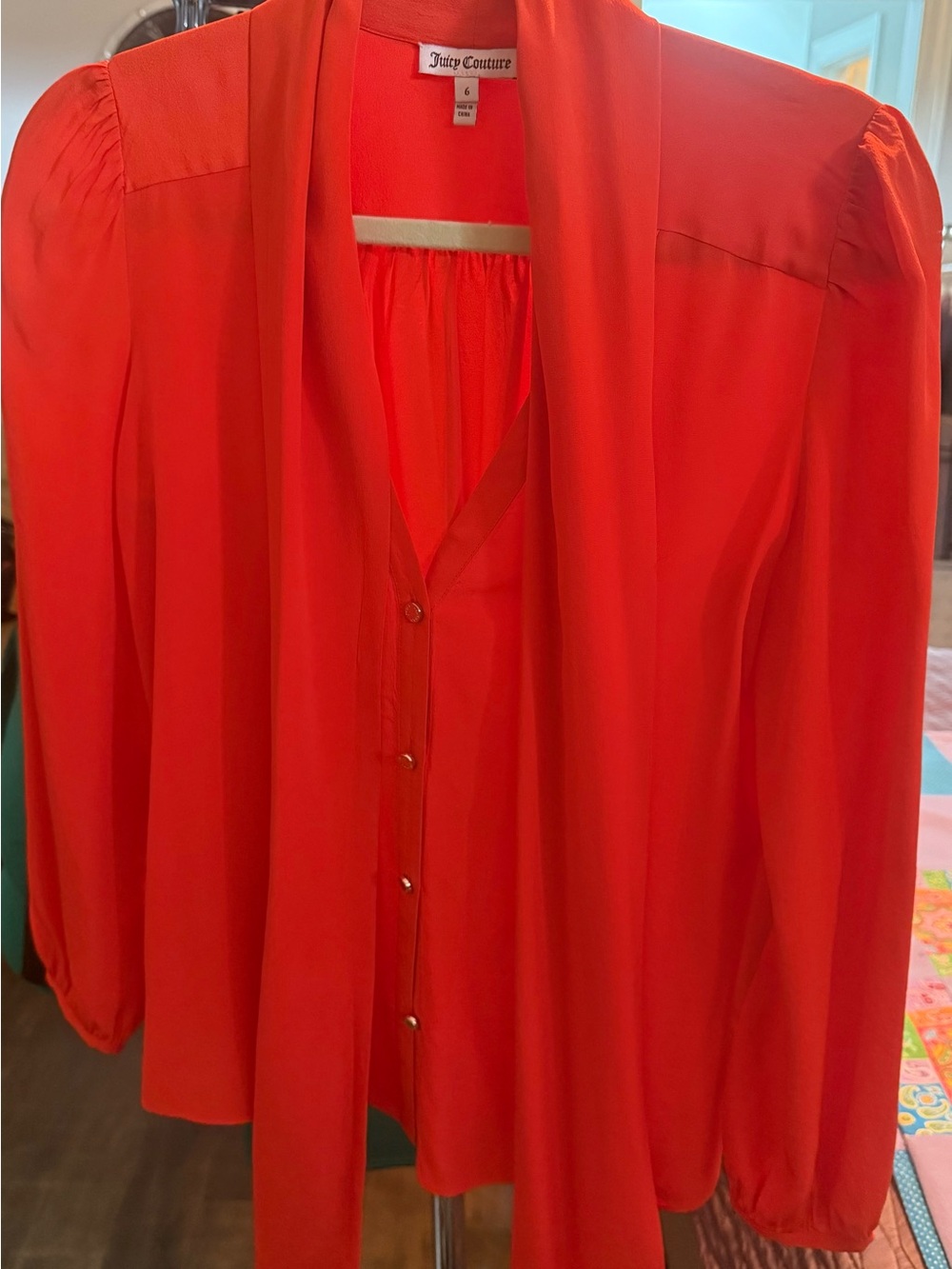 Juicy Couture Vibrant Orange Tie-Neck Blouse